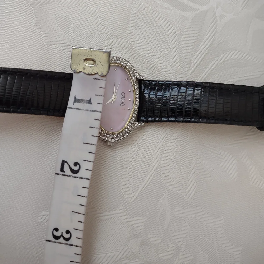 Cache Oval Crystals Pink Mother Of Pearl Watch Lizard Black Leather Strap